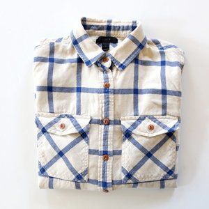 J. Crew Plaid Flannel Shirt, Ivory & Blue, 100% Cotton Size 2